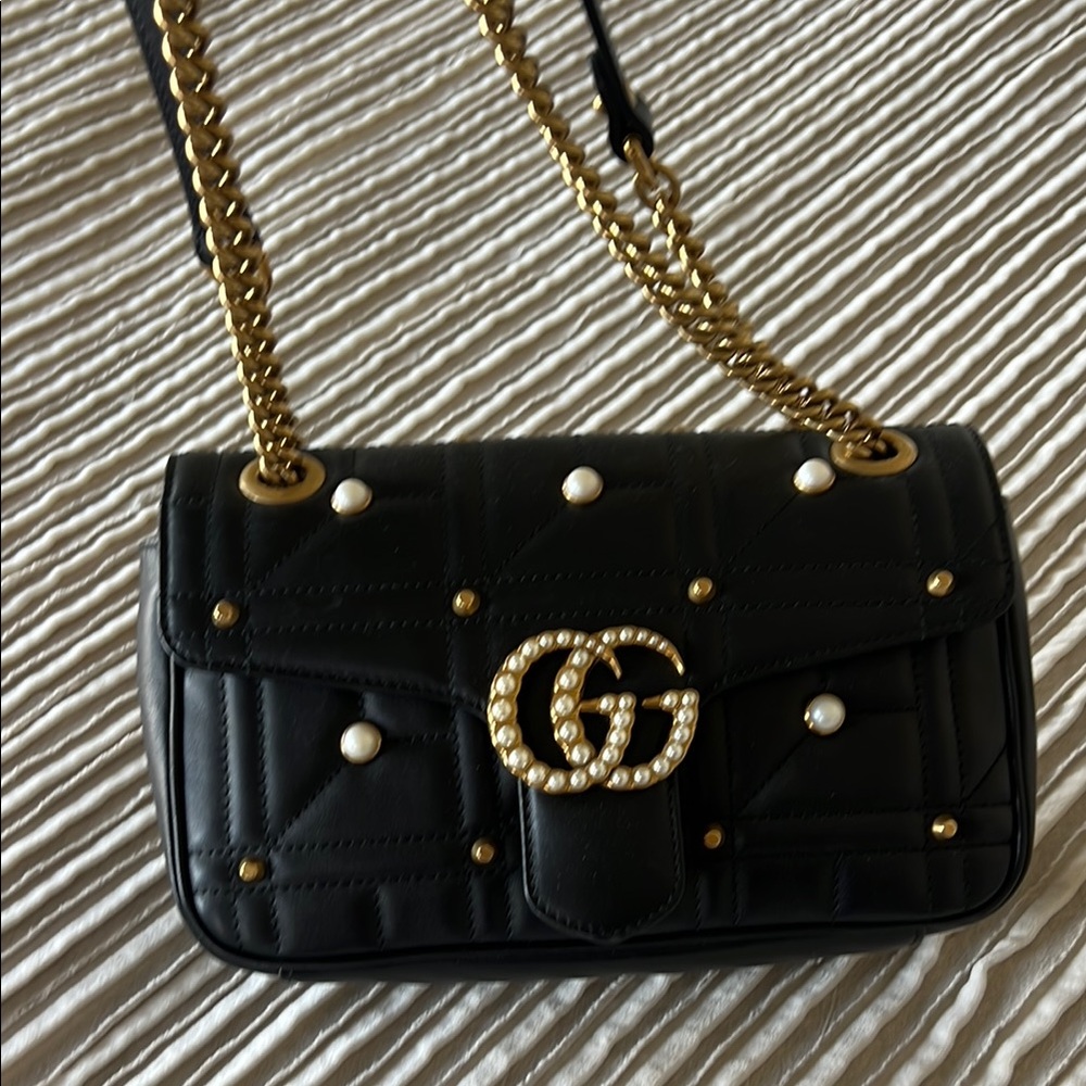 GUCCI  Pearly GG Marmont Flap Bag Embellished Matelasse Leather Small